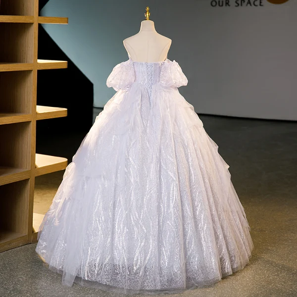 Charmant Lavande Volants en Cascade Faux Diamant Paillettes Robe De Bal 2023 Robe Boule Encolure Carrée Manches Courtes Dos Nu Longue Promo Robe De Ceremonie