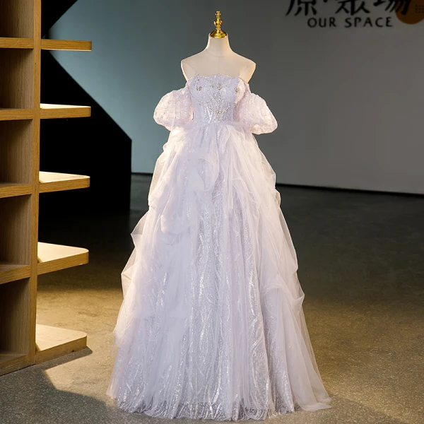 Charmant Lavande Volants en Cascade Faux Diamant Paillettes Robe De Bal 2023 Robe Boule Encolure Carrée Manches Courtes Dos Nu Longue Promo Robe De Ceremonie