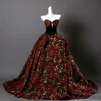 Fantaisie Bordeaux Floral Robe De Bal 2025 Robe Boule Bustier Sans Manches Dos Nu Train De Balayage Robe De Ceremonie