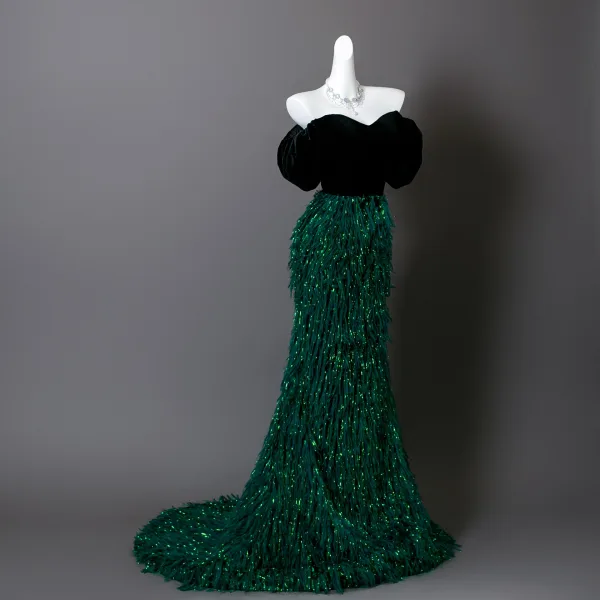 Charming Dark Green Tassel Velvet Prom Dresses 2025 Trumpet / Mermaid Off-The-Shoulder Short Sleeve Backless Sweep Train Formal Dresses