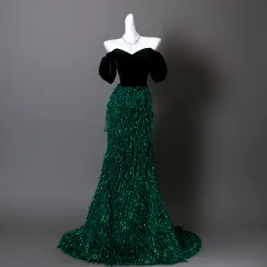 Charmant Vert Foncé Gland Velours Robe De Bal 2025 Trompette Sirène De L Épaule Manches Courtes Dos Nu Train De Balayage Robe De Ceremonie