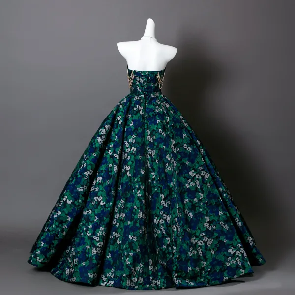 Fancy Dark Green Beading Pearl Floral Prom Dresses 2025 Ball Gown Strapless Sleeveless Backless Floor-Length / Long Formal Dresses