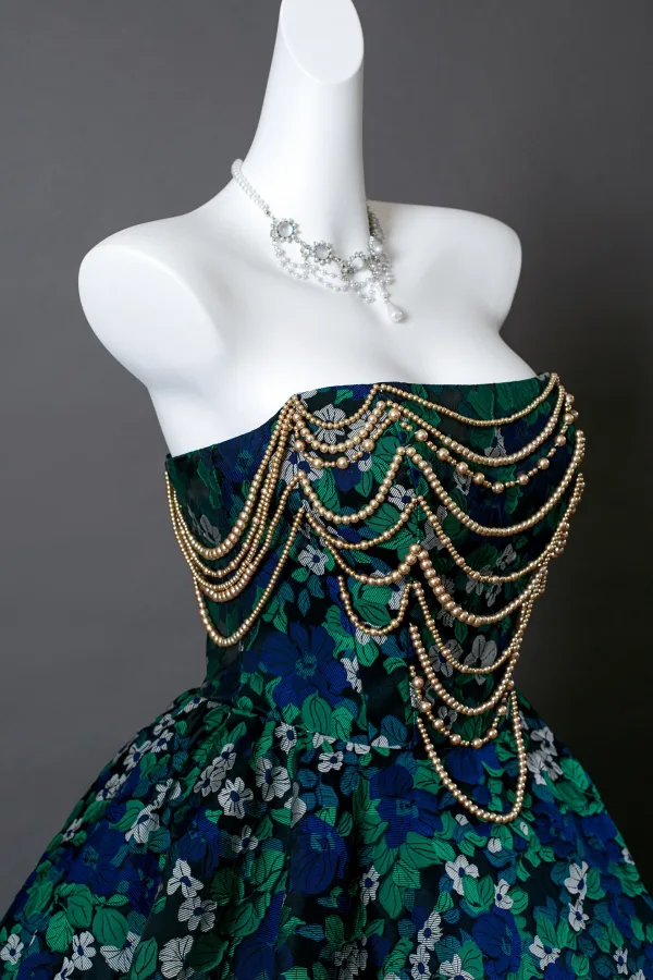 Fancy Dark Green Beading Pearl Floral Prom Dresses 2025 Ball Gown Strapless Sleeveless Backless Floor-Length / Long Formal Dresses