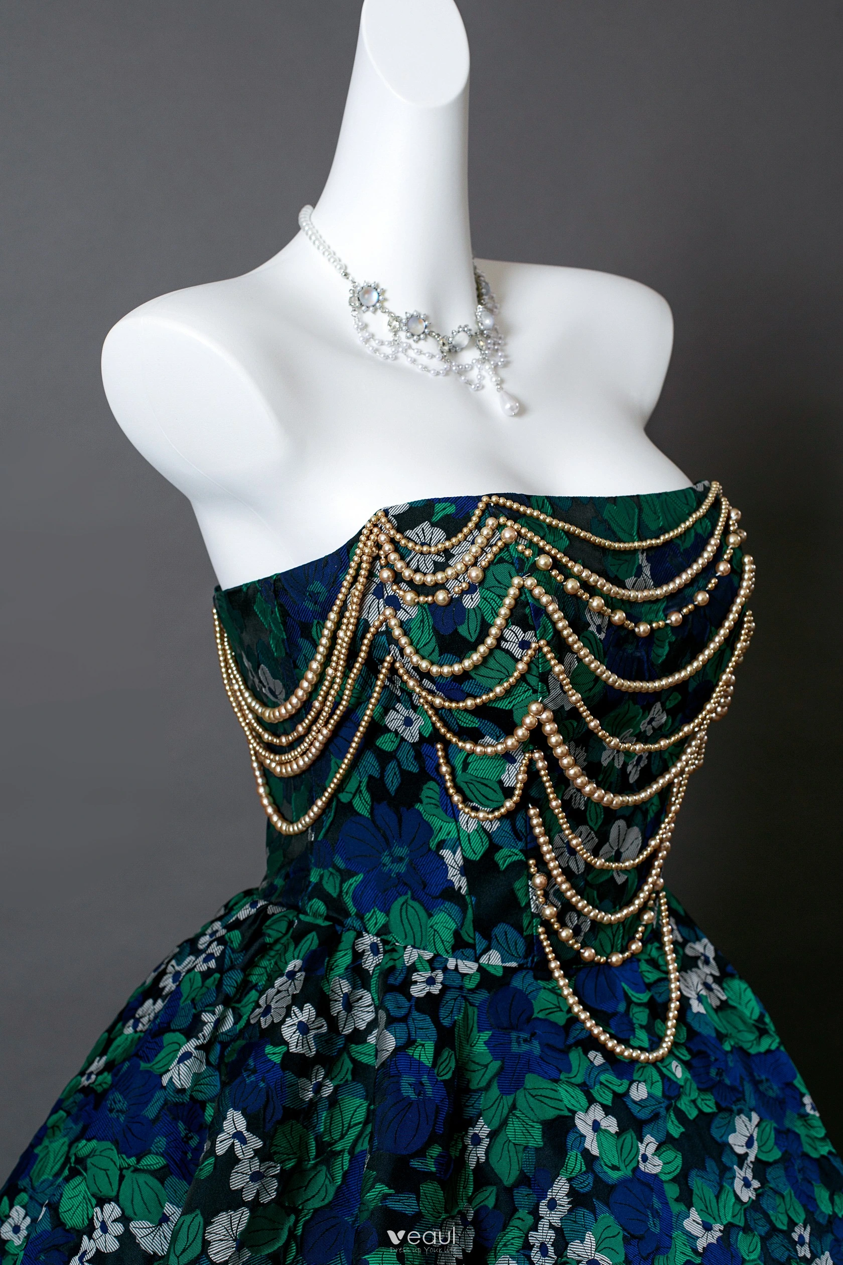 Fancy Dark Green Beading Pearl Floral Prom Dresses 2025 Ball Gown Strapless  Sleeveless Backless Floor Length Long Formal Dresses