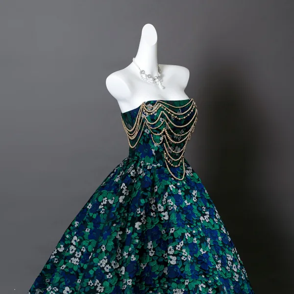 Fancy Dark Green Beading Pearl Floral Prom Dresses 2025 Ball Gown Strapless Sleeveless Backless Floor-Length / Long Formal Dresses