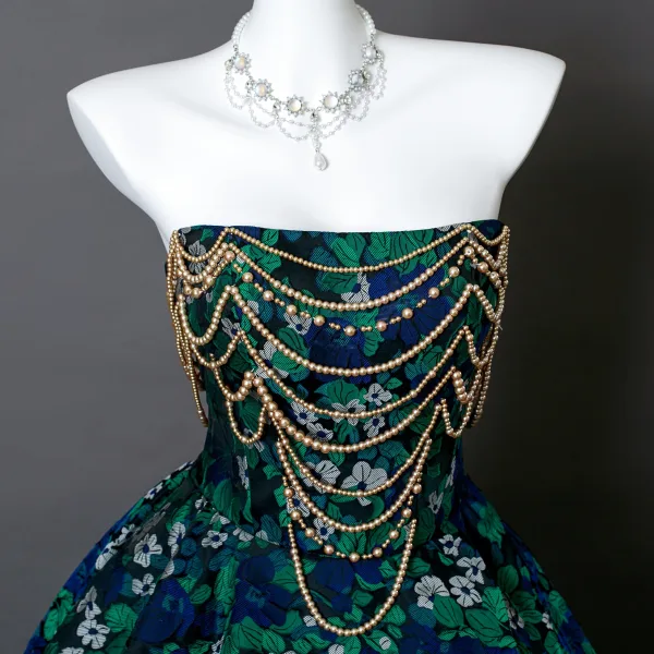 Fancy Dark Green Beading Pearl Floral Prom Dresses 2025 Ball Gown Strapless Sleeveless Backless Floor-Length / Long Formal Dresses