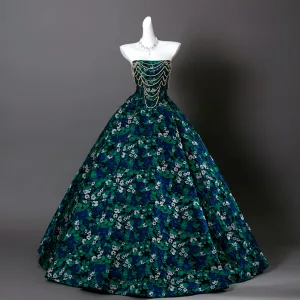 Fancy Dark Green Beading Pearl Floral Prom Dresses 2025 Ball Gown Strapless Sleeveless Backless Floor Length Long Formal Dresses
