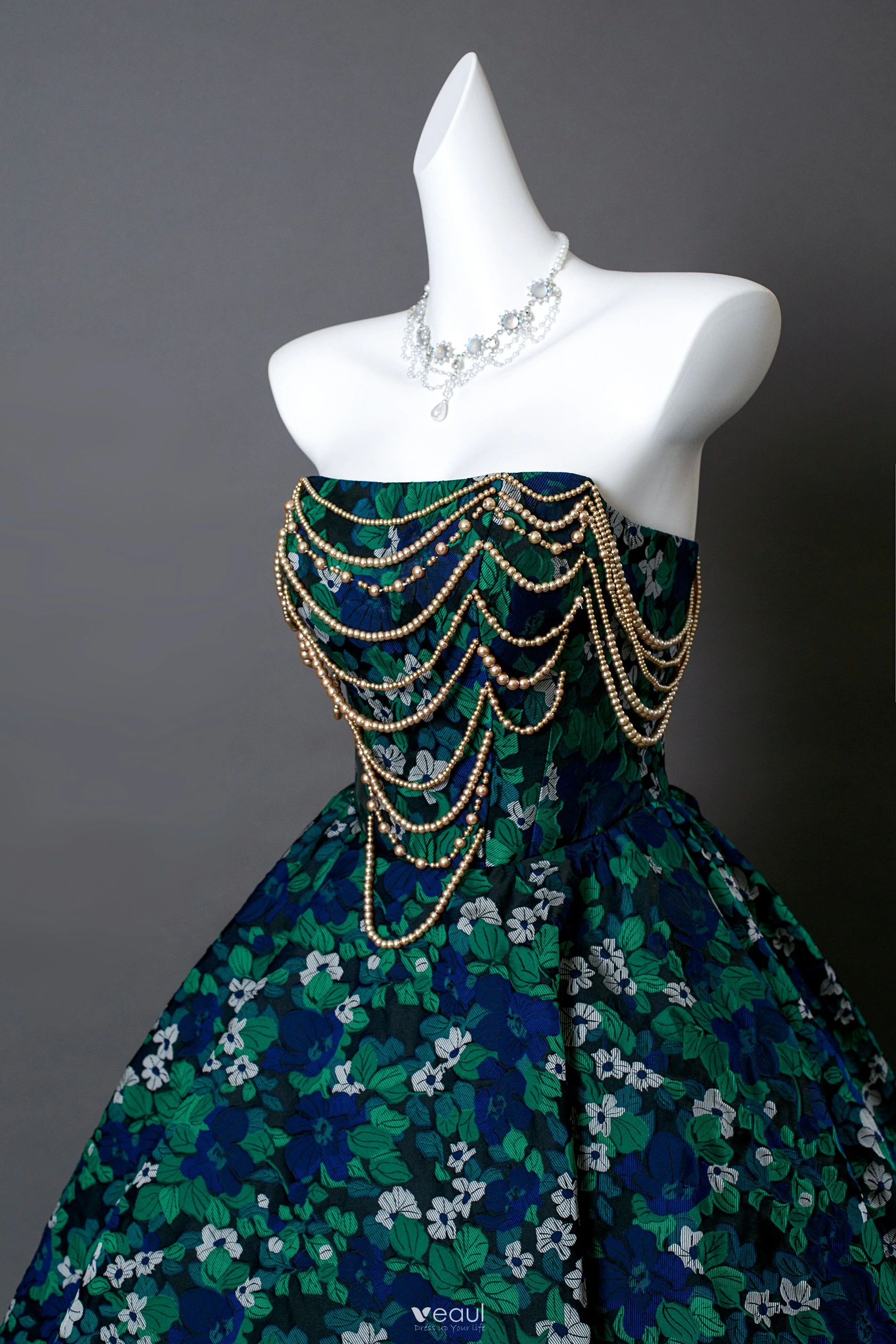 Fancy Dark Green Beading Pearl Floral Prom Dresses 2025 Ball Gown Strapless  Sleeveless Backless Floor Length Long Formal Dresses