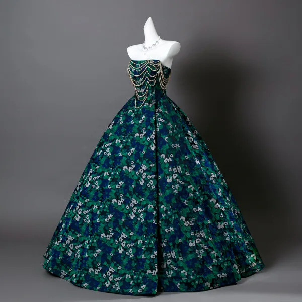 Fancy Dark Green Beading Pearl Floral Prom Dresses 2025 Ball Gown Strapless Sleeveless Backless Floor-Length / Long Formal Dresses