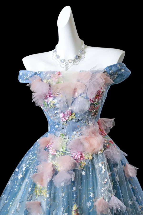 Flower Fairy Sky Blue Beading Appliques Sequins Prom Dresses 2025 Ball Gown Off-The-Shoulder Sleeveless Backless Court Train Formal Dresses