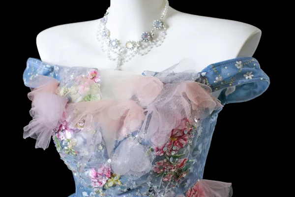 Flower Fairy Sky Blue Beading Appliques Sequins Prom Dresses 2025 Ball Gown Off-The-Shoulder Sleeveless Backless Court Train Formal Dresses