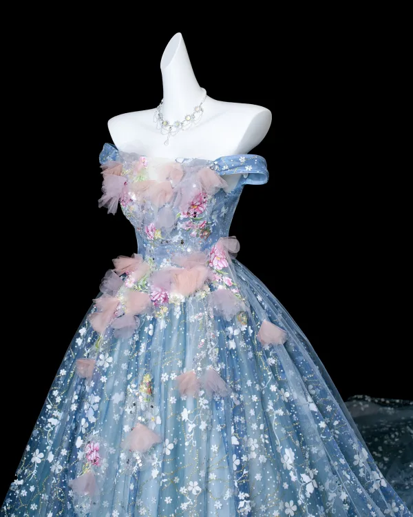 Flower Fairy Sky Blue Beading Appliques Sequins Prom Dresses 2025 Ball Gown Off-The-Shoulder Sleeveless Backless Court Train Formal Dresses