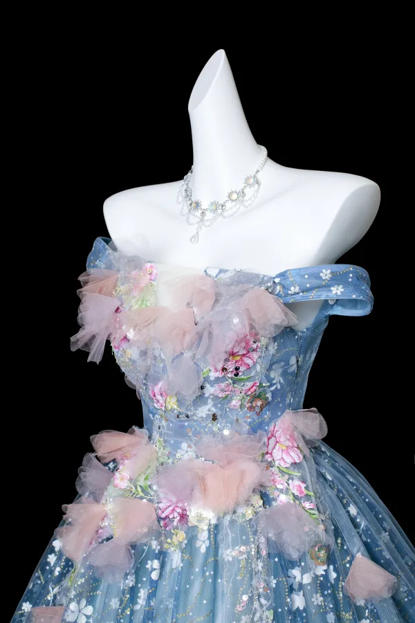 Flower Fairy Sky Blue Beading Appliques Sequins Prom Dresses 2025 Ball Gown Off-The-Shoulder Sleeveless Backless Court Train Formal Dresses