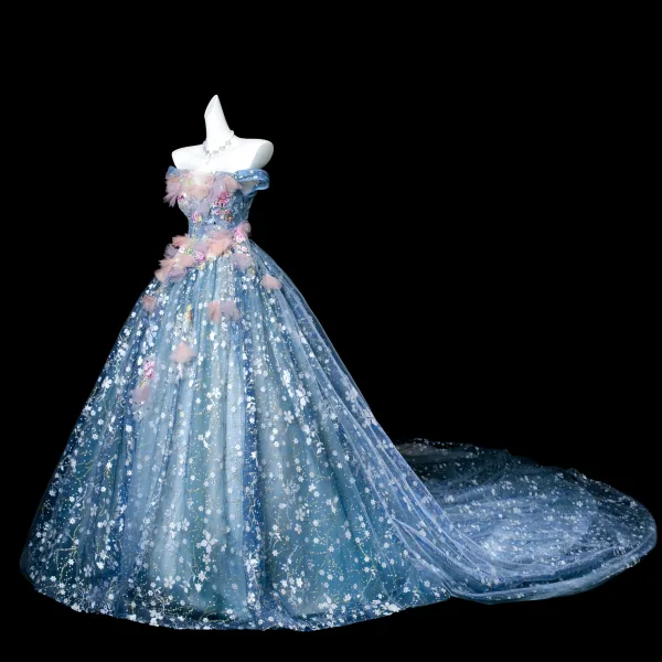 Flower Fairy Sky Blue Beading Appliques Sequins Prom Dresses 2025 Ball Gown Off-The-Shoulder Sleeveless Backless Court Train Formal Dresses