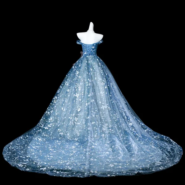 Flower Fairy Sky Blue Beading Appliques Sequins Prom Dresses 2025 Ball Gown Off-The-Shoulder Sleeveless Backless Court Train Formal Dresses