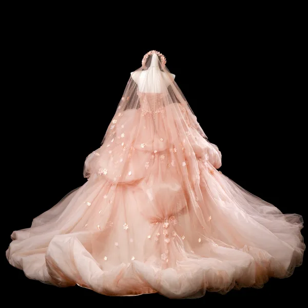 Luxus / Herrlich Rosa Perlenstickerei Perle Applikationen Ballkleider 2025 Ballkleid Bandeau Ärmellos Rückenfreies Lange Festliche Kleider