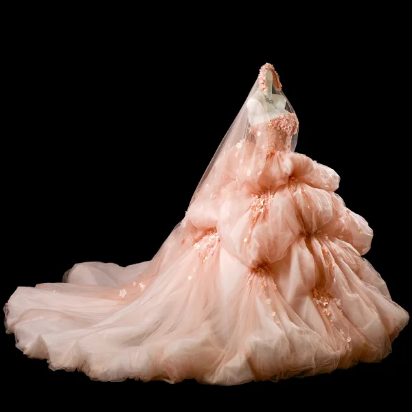 Luxus / Herrlich Rosa Perlenstickerei Perle Applikationen Ballkleider 2025 Ballkleid Bandeau Ärmellos Rückenfreies Lange Festliche Kleider