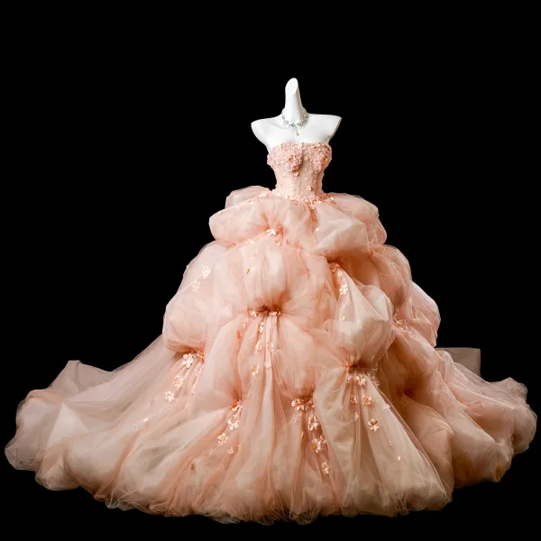 Luxus / Herrlich Rosa Perlenstickerei Perle Applikationen Ballkleider 2025 Ballkleid Bandeau Ärmellos Rückenfreies Lange Festliche Kleider