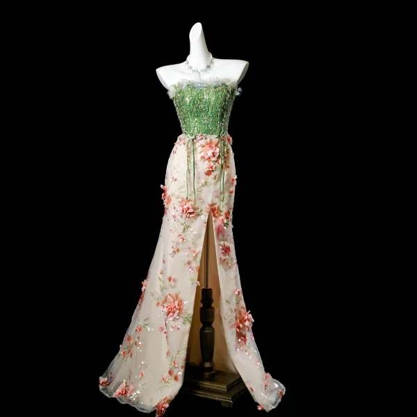 Flower Fairy Sage Green Beading Pearl Appliques Split Front Prom Dresses 2025 Trumpet / Mermaid Strapless Sleeveless Backless Sweep Train Formal Dresses