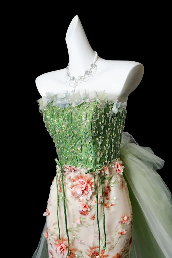 Flower Fairy Sage Green Beading Pearl Appliques Split Front Prom Dresses 2025 Trumpet / Mermaid Strapless Sleeveless Backless Sweep Train Formal Dresses
