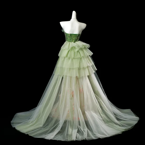 Flower Fairy Sage Green Beading Pearl Appliques Split Front Prom Dresses 2025 Trumpet / Mermaid Strapless Sleeveless Backless Sweep Train Formal Dresses