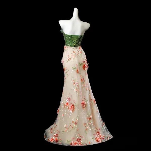 Flower Fairy Sage Green Beading Pearl Appliques Split Front Prom Dresses 2025 Trumpet / Mermaid Strapless Sleeveless Backless Sweep Train Formal Dresses