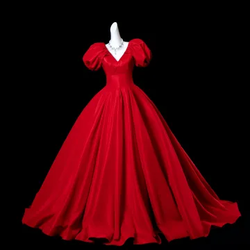 Vintage Originale Rouge Robe De Bal 2025 Robe Boule V Cou Gonflée Manches Courtes Dos Nu Tribunal Train Robe De Ceremonie
