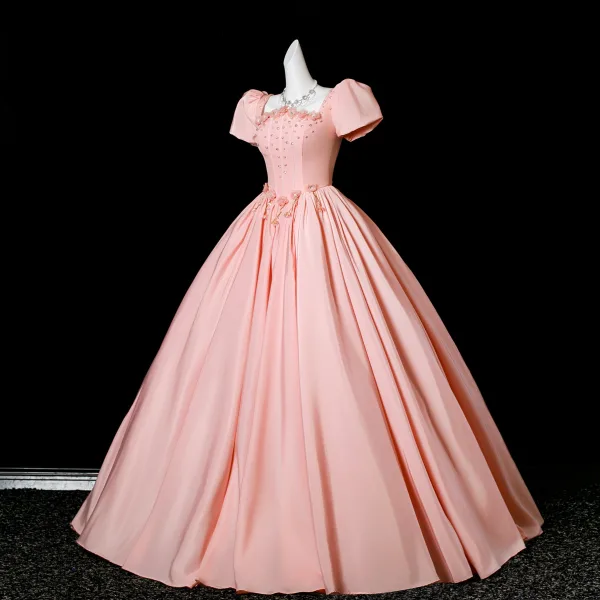 Elegante Rosa Perle Applikationen Satin Ballkleider 2025 Ballkleid Eckiger Ausschnitt Kurze Ärmel Rückenfreies Lange Festliche Kleider