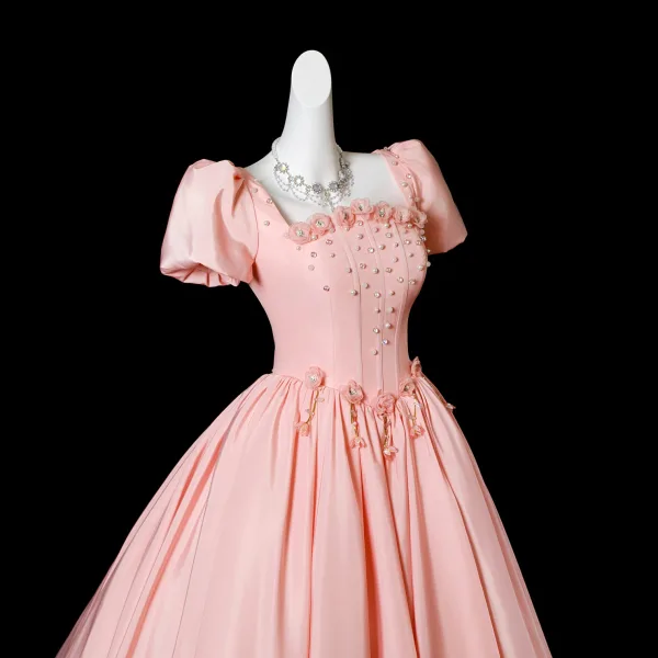 Elegante Rosa Perle Applikationen Satin Ballkleider 2025 Ballkleid Eckiger Ausschnitt Kurze Ärmel Rückenfreies Lange Festliche Kleider