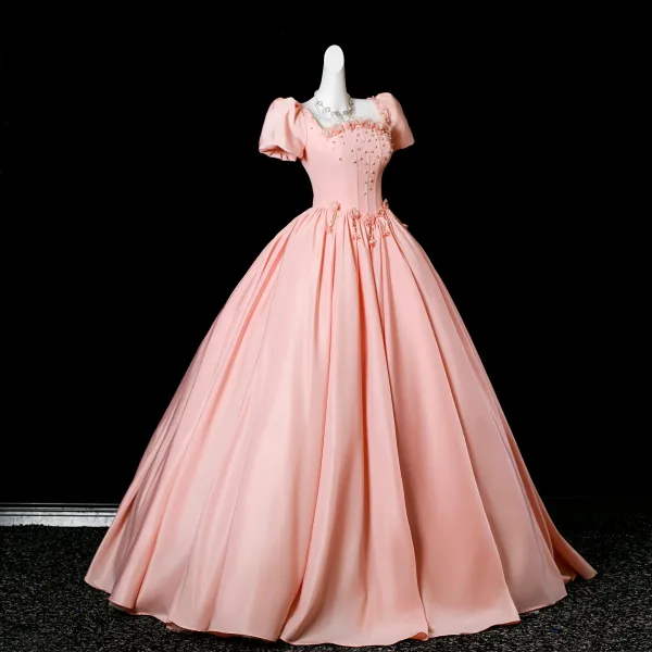 Elegante Rosa Perle Applikationen Satin Ballkleider 2025 Ballkleid Eckiger Ausschnitt Kurze Ärmel Rückenfreies Lange Festliche Kleider