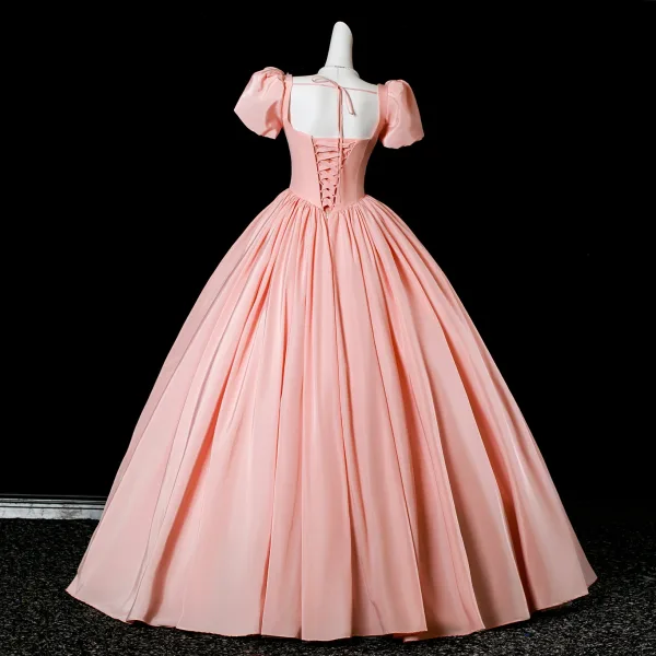Elegante Rosa Perle Applikationen Satin Ballkleider 2025 Ballkleid Eckiger Ausschnitt Kurze Ärmel Rückenfreies Lange Festliche Kleider