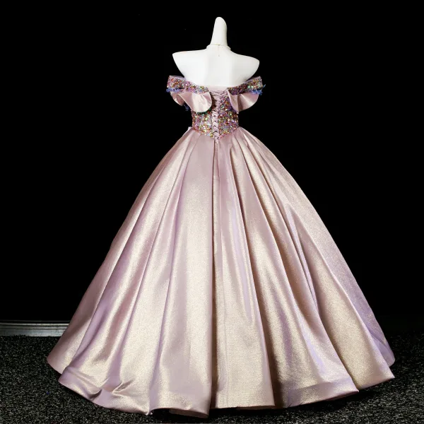 Charming Rose Gold Beading Sequins Lace Flower Appliques Satin Prom Dresses 2025 Ball Gown Off-The-Shoulder Short Sleeve Backless Floor-Length / Long Formal Dresses