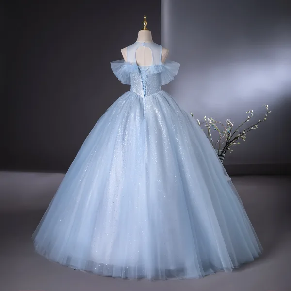 Elegant Sky Blue Beading Pearl Sequins Ball Gown Prom Dresses 2024 Scoop Neck Short Sleeve Backless Floor-Length / Long Prom Formal Dresses