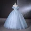 Elegant Sky Blue Beading Pearl Sequins Ball Gown Prom Dresses 2024 Scoop Neck Short Sleeve Backless Floor-Length / Long Prom Formal Dresses
