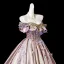 Charming Rose Gold Beading Sequins Lace Flower Appliques Satin Prom Dresses 2025 Ball Gown Off-The-Shoulder Short Sleeve Backless Floor-Length / Long Formal Dresses