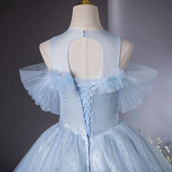 Elegant Sky Blue Beading Pearl Sequins Ball Gown Prom Dresses 2024 Scoop Neck Short Sleeve Backless Floor-Length / Long Prom Formal Dresses