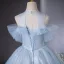 Elegant Sky Blue Beading Pearl Sequins Ball Gown Prom Dresses 2024 Scoop Neck Short Sleeve Backless Floor-Length / Long Prom Formal Dresses