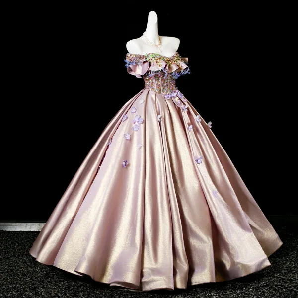 Charming Rose Gold Beading Sequins Lace Flower Appliques Satin Prom Dresses 2025 Ball