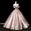 Charming Rose Gold Beading Sequins Lace Flower Appliques Satin Prom Dresses 2025 Ball Gown Off-The-Shoulder Short Sleeve Backless Floor-Length / Long Formal Dresses
