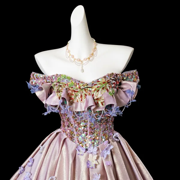 Charming Rose Gold Beading Sequins Lace Flower Appliques Satin Prom Dresses 2025 Ball Gown Off-The-Shoulder Short Sleeve Backless Floor-Length / Long Formal Dresses