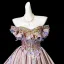 Charming Rose Gold Beading Sequins Lace Flower Appliques Satin Prom Dresses 2025 Ball Gown Off-The-Shoulder Short Sleeve Backless Floor-Length / Long Formal Dresses