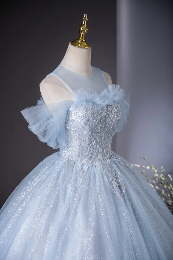 Elegant Sky Blue Beading Pearl Sequins Ball Gown Prom Dresses 2024 Scoop Neck Short Sleeve Backless Floor-Length / Long Prom Formal Dresses