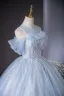 Elegant Sky Blue Beading Pearl Sequins Ball Gown Prom Dresses 2024 Scoop Neck Short Sleeve Backless Floor-Length / Long Prom Formal Dresses