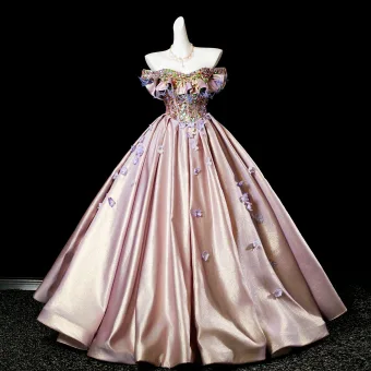 Charmant Or Rose Perlage Paillettes En Dentelle Fleur Appliques Satin Robe De Bal 2025 Robe Boule De L Épaule Manches Courtes Dos Nu Longue Robe De Ceremonie