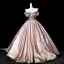 Charming Rose Gold Beading Sequins Lace Flower Appliques Satin Prom Dresses 2025 Ball Gown Off-The-Shoulder Short Sleeve Backless Floor-Length / Long Formal Dresses