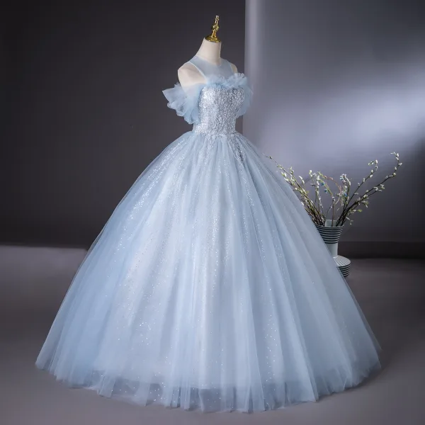 Elegant Sky Blue Beading Pearl Sequins Ball Gown Prom Dresses 2024 Scoop Neck Short Sleeve Backless Floor-Length / Long Prom Formal Dresses