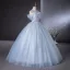Elegant Sky Blue Beading Pearl Sequins Ball Gown Prom Dresses 2024 Scoop Neck Short Sleeve Backless Floor-Length / Long Prom Formal Dresses