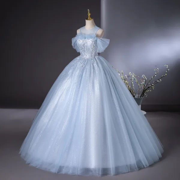 Elegant Sky Blue Beading Pearl Sequins Ball Gown Prom Dresses 2024 Scoop Neck Short Sleeve Backless Floor-Length / Long Prom Formal Dresses