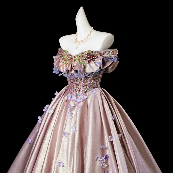 Charming Rose Gold Beading Sequins Lace Flower Appliques Satin Prom Dresses 2025 Ball Gown Off-The-Shoulder Short Sleeve Backless Floor-Length / Long Formal Dresses