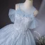 Elegant Sky Blue Beading Pearl Sequins Ball Gown Prom Dresses 2024 Scoop Neck Short Sleeve Backless Floor-Length / Long Prom Formal Dresses
